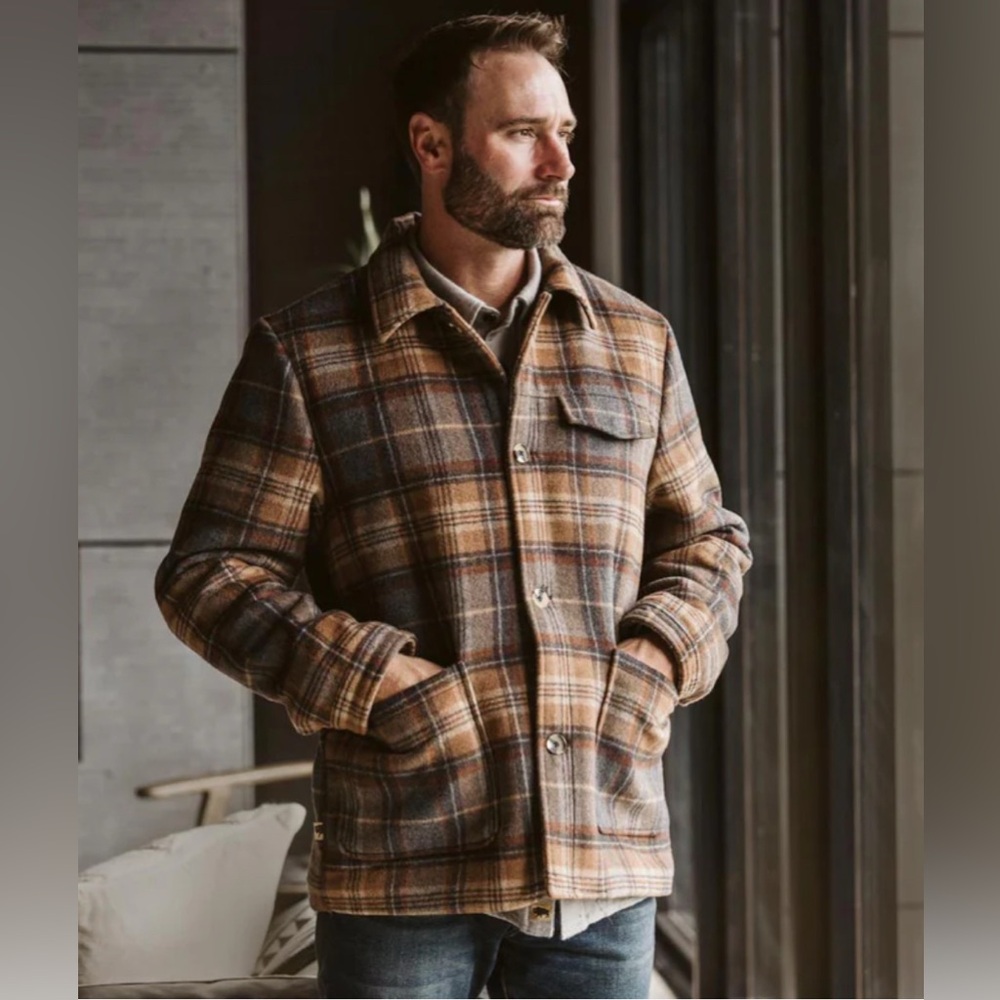 J. CREW Men's Wool Coat‎ Plaid Jacket Tan Flannel Quilted Heavy Lined Medium